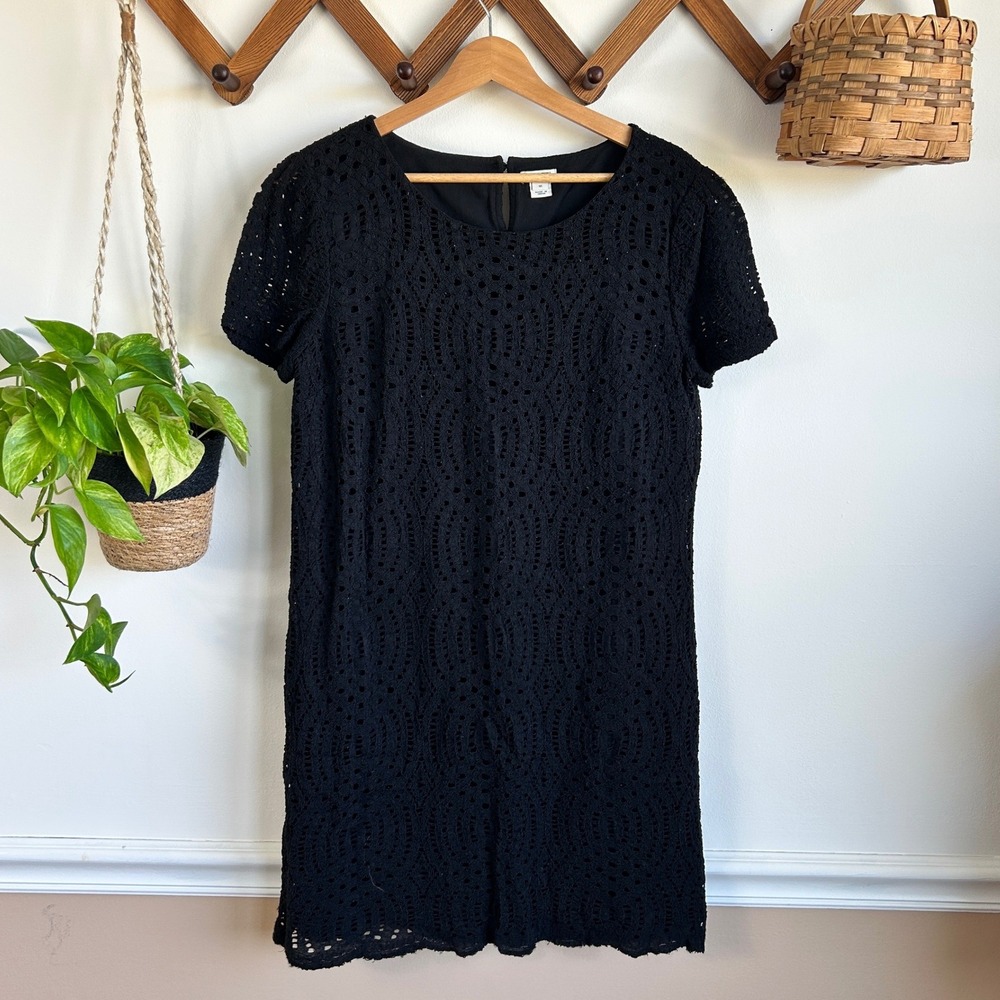 J.Crew Black Lace Geometric Eyelet Shift Dress Short Sleeve Size 10 LBD Career